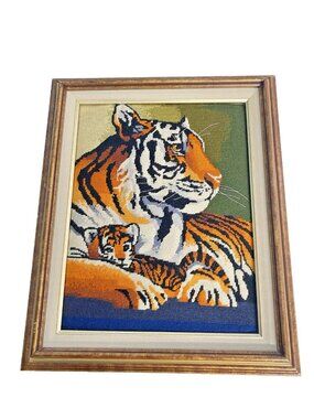 Vintage Needlepoint Tiger Cub Tigress Framed Art 18.5in x 21.5in Wood Frame